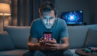 Stressed adult sitting on a sofa at night, face lit by smartphone glow showing abstract casino visuals, with a blurred computer monitor and poker chips in the background.