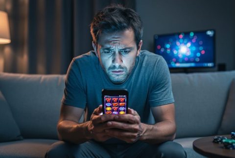 Stressed adult sitting on a sofa at night, face lit by smartphone glow showing abstract casino visuals, with a blurred computer monitor and poker chips in the background.