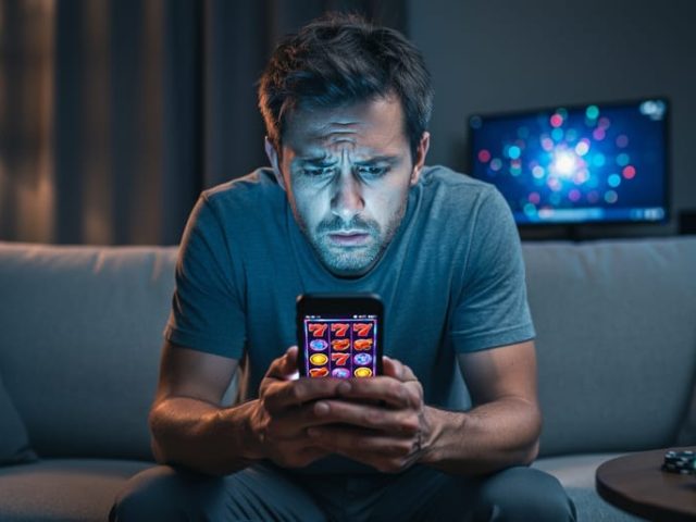 Stressed adult sitting on a sofa at night, face lit by smartphone glow showing abstract casino visuals, with a blurred computer monitor and poker chips in the background.