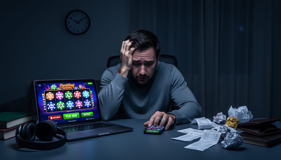 Person holding smartphone with gambling app in dark room at night