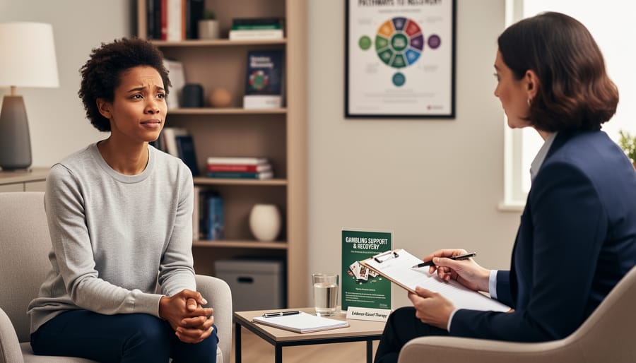 Two people having supportive counseling conversation in professional office setting