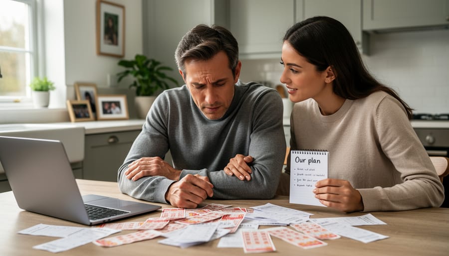 Two people having supportive conversation on park bench