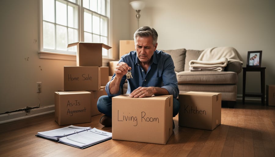 Person sitting thoughtfully near window in room with moving boxes