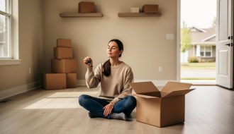 Calm homeowner sitting on the floor of a nearly empty living room, eyes closed, holding house keys beside a moving box in soft morning light; blurred background with stacked boxes, bare shelves, and a sunlit doorway to a quiet street.