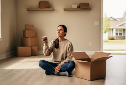 Calm homeowner sitting on the floor of a nearly empty living room, eyes closed, holding house keys beside a moving box in soft morning light; blurred background with stacked boxes, bare shelves, and a sunlit doorway to a quiet street.
