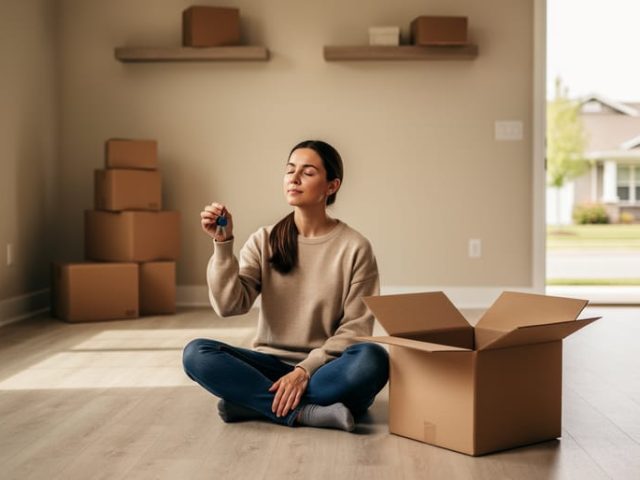 Calm homeowner sitting on the floor of a nearly empty living room, eyes closed, holding house keys beside a moving box in soft morning light; blurred background with stacked boxes, bare shelves, and a sunlit doorway to a quiet street.