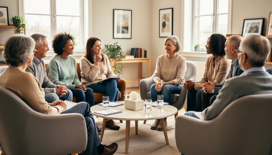 Diverse group of people sitting in supportive circle during mental health support group meeting
