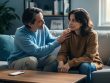 Two adults sit on a sofa, one gently resting a hand on the other’s shoulder, with a smartphone on the coffee table in a softly lit living room.