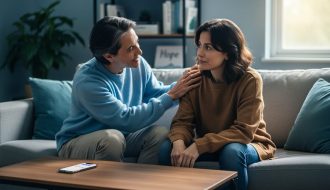 Two adults sit on a sofa, one gently resting a hand on the other’s shoulder, with a smartphone on the coffee table in a softly lit living room.