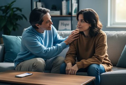Two adults sit on a sofa, one gently resting a hand on the other’s shoulder, with a smartphone on the coffee table in a softly lit living room.