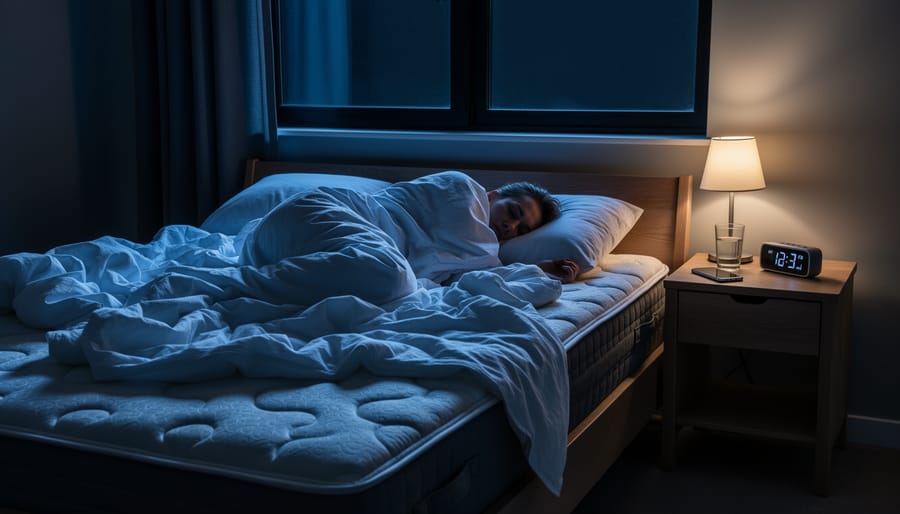 Bedside night scene with a dim lamp glow and rumpled blanket near a blurred clock.