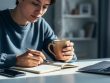 Person seated at a desk in soft daylight, head slightly bowed, holding a mug beside an open notebook, symbolizing reflection and support for depression awareness.