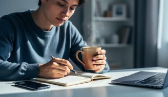 Person seated at a desk in soft daylight, head slightly bowed, holding a mug beside an open notebook, symbolizing reflection and support for depression awareness.