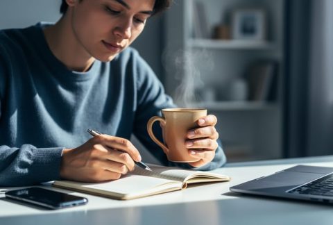 Person seated at a desk in soft daylight, head slightly bowed, holding a mug beside an open notebook, symbolizing reflection and support for depression awareness.