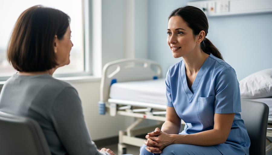 Mental health nurse and patient sitting across from each other in a quiet counseling room with gentle eye contact
