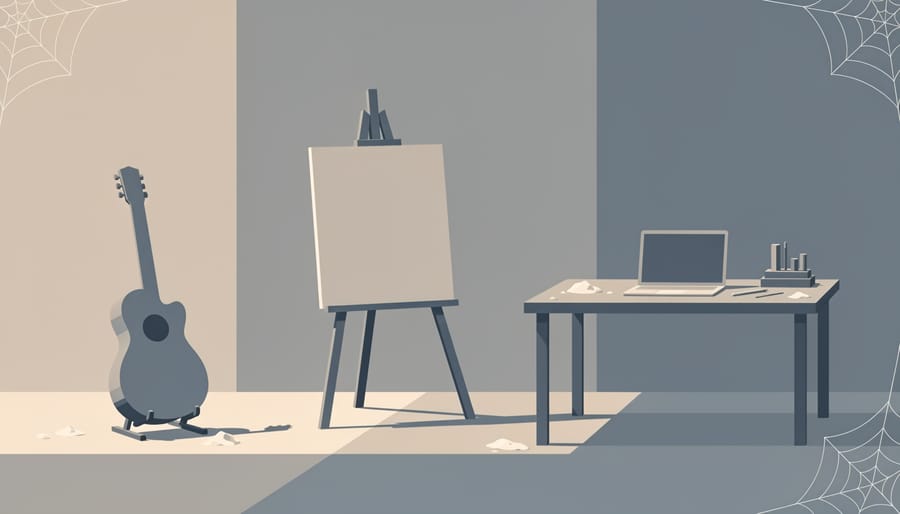 Paintbrushes and a musical instrument left untouched on a table in a dimly lit room.