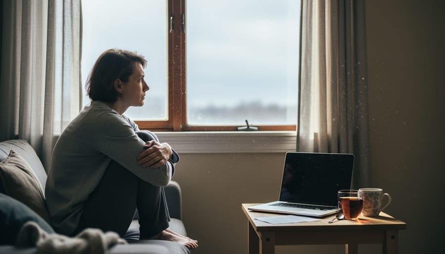 Person sitting alone by a window with head bowed and hands resting on their knees.