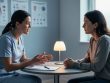 Mental health nurse seated with a patient in a calm counseling room, conveying supportive therapeutic communication through attentive eye contact and open body language.
