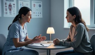 Mental health nurse seated with a patient in a calm counseling room, conveying supportive therapeutic communication through attentive eye contact and open body language.