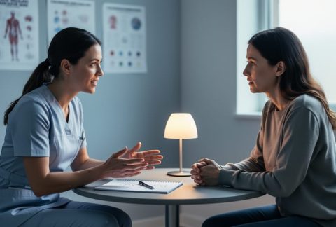 Mental health nurse seated with a patient in a calm counseling room, conveying supportive therapeutic communication through attentive eye contact and open body language.