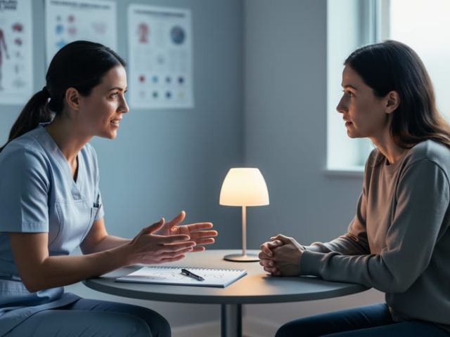 Mental health nurse seated with a patient in a calm counseling room, conveying supportive therapeutic communication through attentive eye contact and open body language.