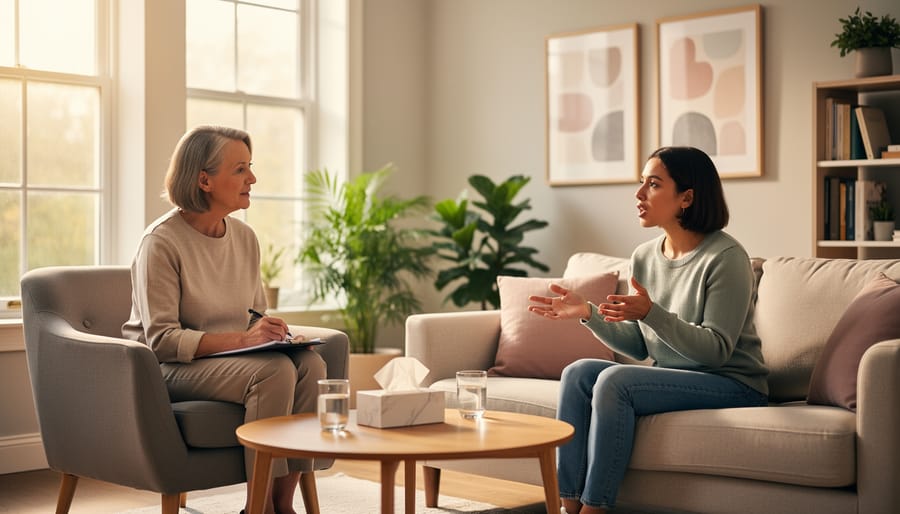 Wide view of a calm mental health clinic hallway with soft light and a comforting lounge area
