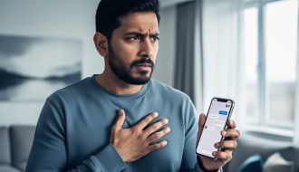 A person holding a smartphone with a blank glowing screen, hand on their chest, conveying anxiety and reaching for mental health support in a calm indoor setting.