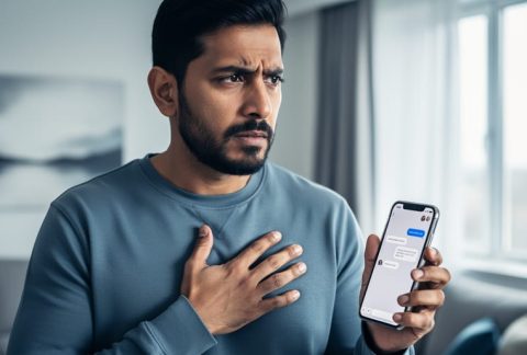 A person holding a smartphone with a blank glowing screen, hand on their chest, conveying anxiety and reaching for mental health support in a calm indoor setting.