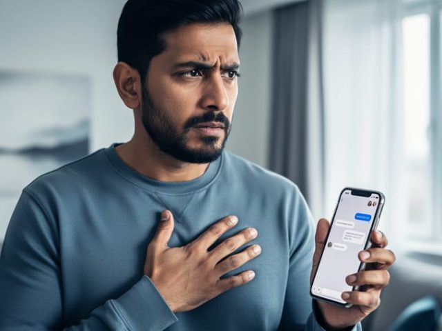 A person holding a smartphone with a blank glowing screen, hand on their chest, conveying anxiety and reaching for mental health support in a calm indoor setting.