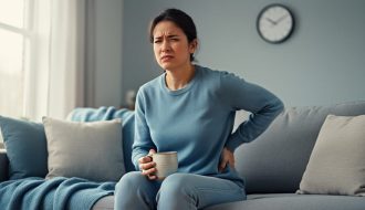 Person sitting on a couch at home holding their lower back with a calm, tired expression, suggesting chronic pain and quiet coping.