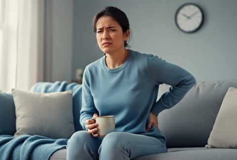 Person sitting on a couch at home holding their lower back with a calm, tired expression, suggesting chronic pain and quiet coping.