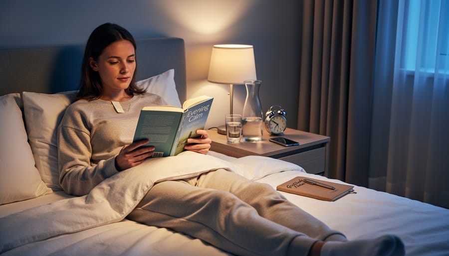 Herbal tea and journal on a nightstand under warm bedside lamp light