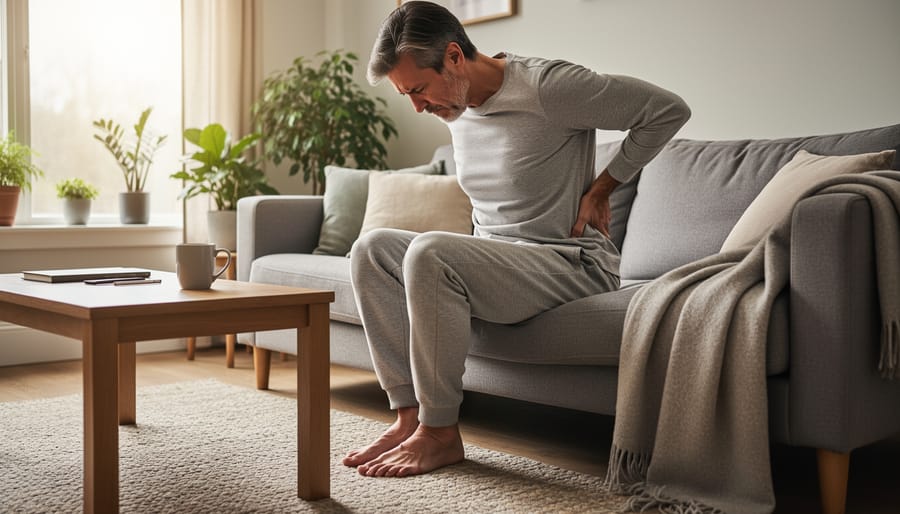 Person sitting on a couch holding an ice pack on their wrist with a heating pad nearby.