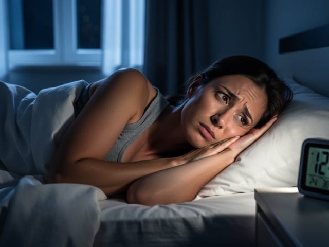 Person lying awake in bed at night with a soft glow from a bedside alarm, illustrating insomnia and trouble sleeping.