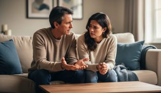 Two people seated together in a quiet room, one showing distress while the other offers gentle, empathetic support through calm body language.