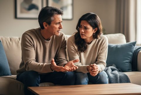 Two people seated together in a quiet room, one showing distress while the other offers gentle, empathetic support through calm body language.