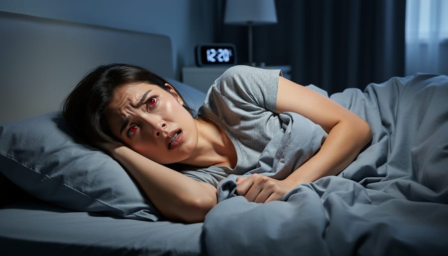 Person lying awake in bed at night with a dim lamp glow