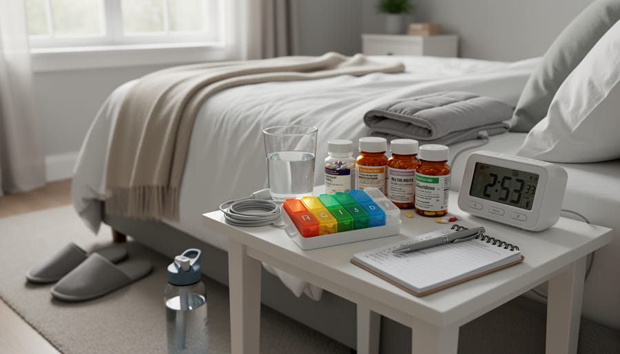 Hands placing pill blister packs into an empty organizer tray with a blank notebook nearby.
