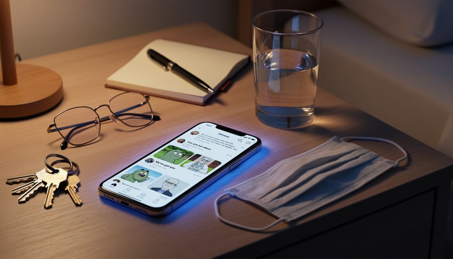 Smartphone glowing on a bedside table near a water bottle, tissues, and a blank planner.