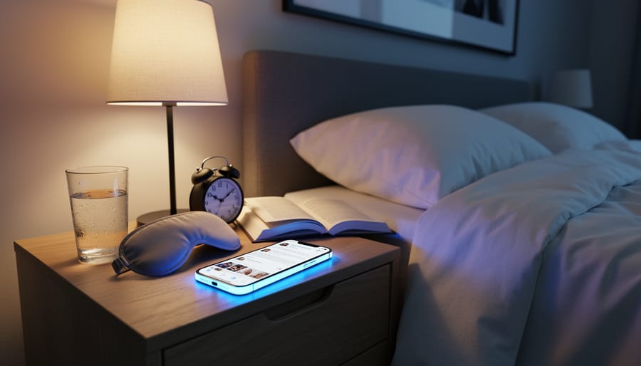 Smartphone and bedtime items on a bedside table in a dim bedroom at night