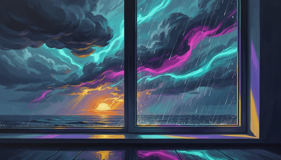 Rain-streaked window and stormy sky with a person’s silhouette in the foreground under a small warm lamp glow.