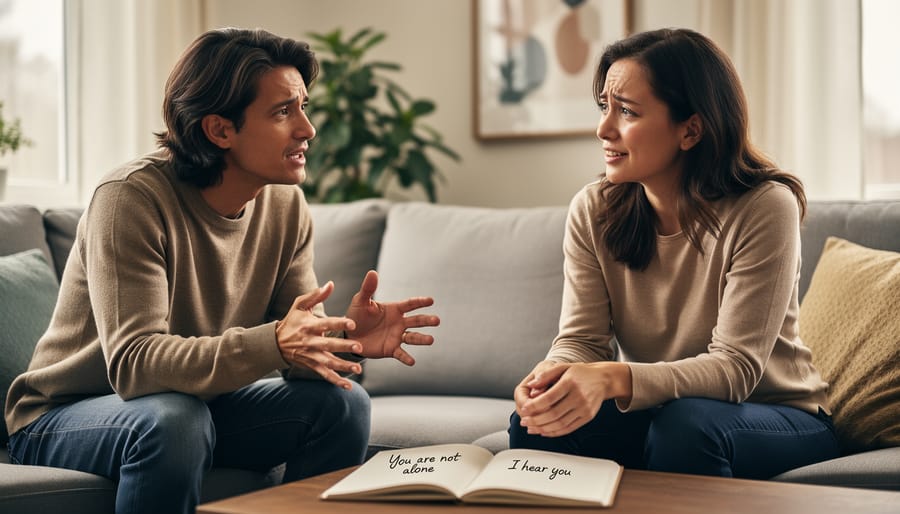 Two Arabic-speaking people having a supportive conversation while seated on a couch