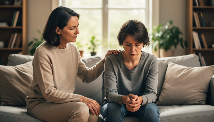 A supportive person sits nearby with warm, calming presence while someone rests on a bed with their head in their hands.