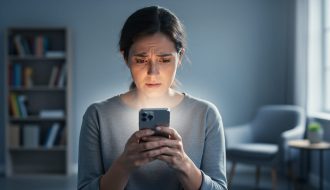 Person sitting indoors with a concerned expression, holding a phone near their chest, with faint glow suggesting communication under mental distress.