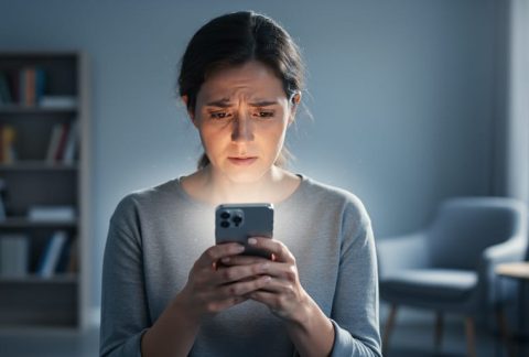 Person sitting indoors with a concerned expression, holding a phone near their chest, with faint glow suggesting communication under mental distress.