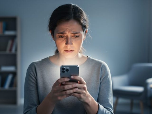 Person sitting indoors with a concerned expression, holding a phone near their chest, with faint glow suggesting communication under mental distress.