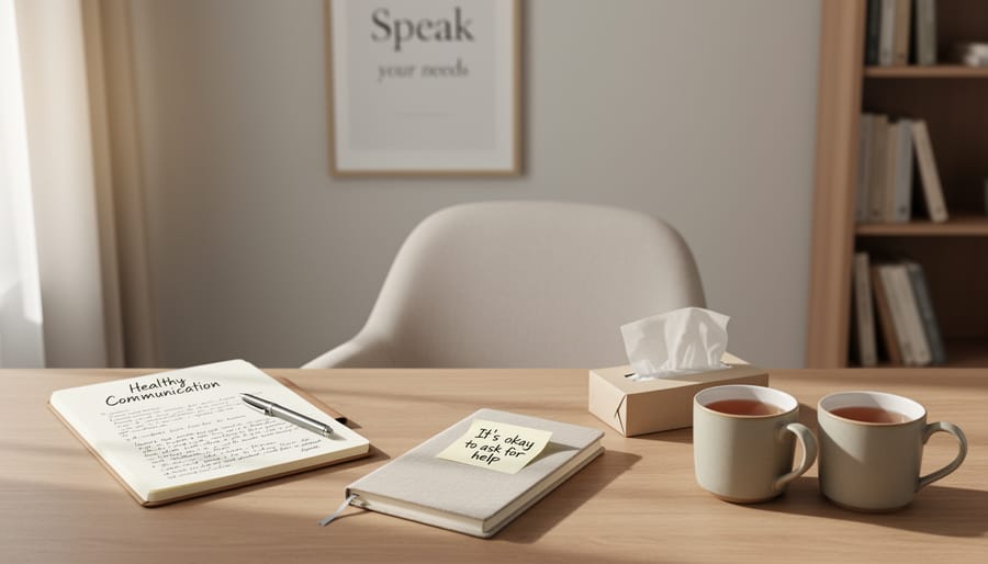 Hands writing in a notebook in a therapist-like office setting, representing supportive communication.