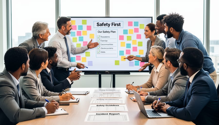 Diverse workers and a supervisor discussing workplace safety in a meeting room