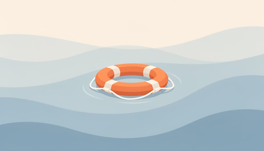 Lifebuoy ring on wet sand near the ocean at dawn, symbolizing safety and support during mental health crises.
