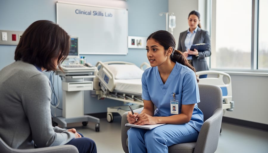 Nursing student practicing therapeutic communication in a Canadian clinical skills lab with training equipment and a mannequin.